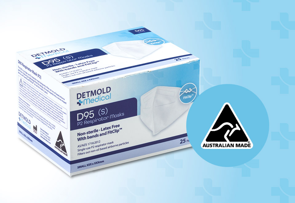 Image of Detmold Medical Mask carton, highlighting Australian Made logo